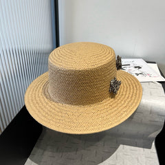 FLAT STRAW HAT BROWN FLOWER ATTACHMENT 673930