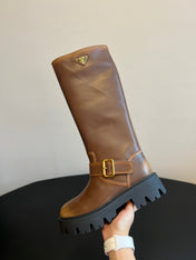 PRADA 25S HIGH-CUT PLATFORM BOOTS IN BROWN CALFSKIN WITH GOLD HARDWARE