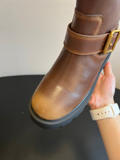 PRADA 25S HIGH-CUT PLATFORM BOOTS IN BROWN CALFSKIN WITH GOLD HARDWARE