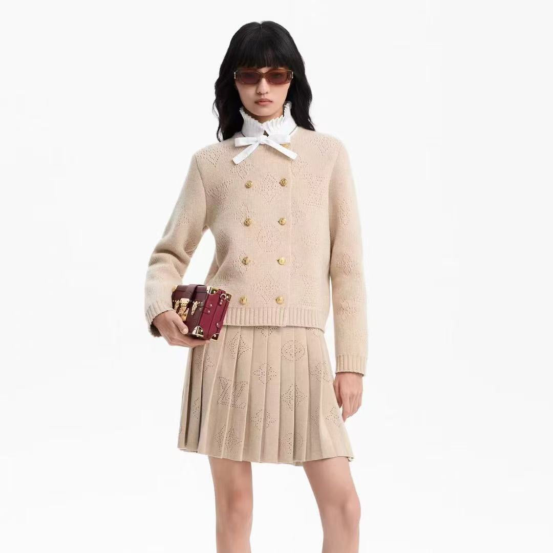 LV 25S KNIT CARDIGAN AND PLEATED KNIT MINI SKIRT SET 0108