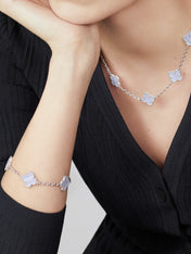 CLOVER 10 MOTIF SILVER CHALCEDONY NECKLACE