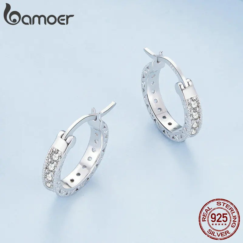 Bamoer 925 Sterling Silver Luxury Zircon Ear Buckles Simple Round Hoop Earrings for Women Party Fine Jewelry Gift BSE868