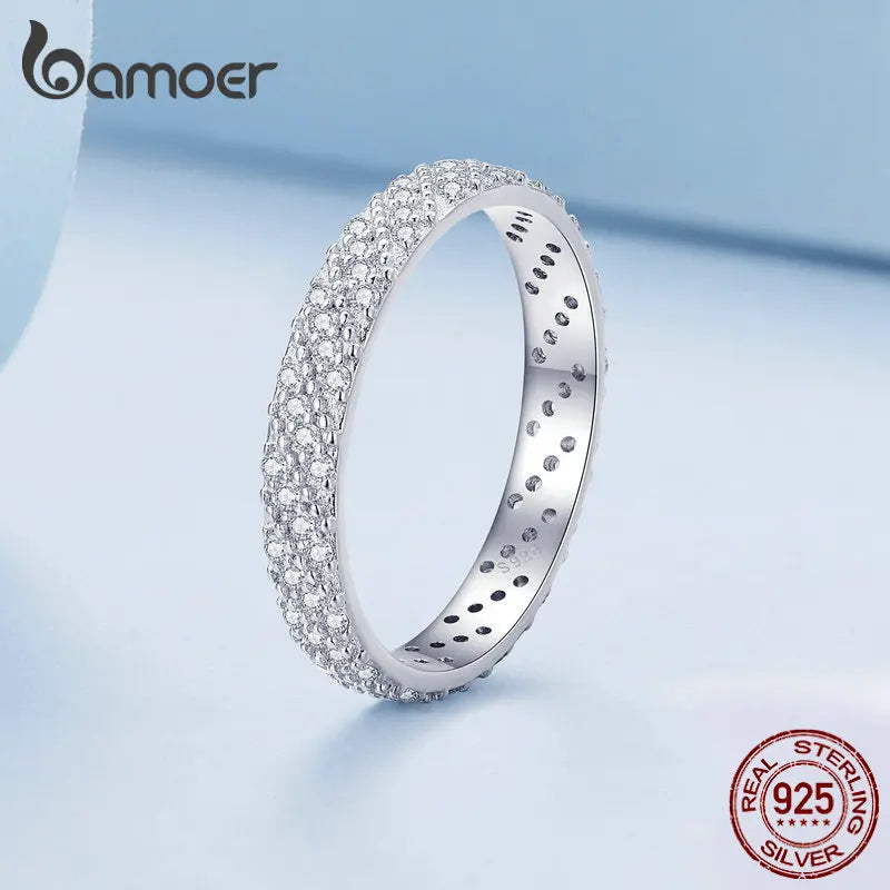Bamoer 925 Sterling Silver Shiny Zircon Wide Ring Simple Eternity Band for Women Valentine's Day Gift Luxury Fine Jewelry BSR383