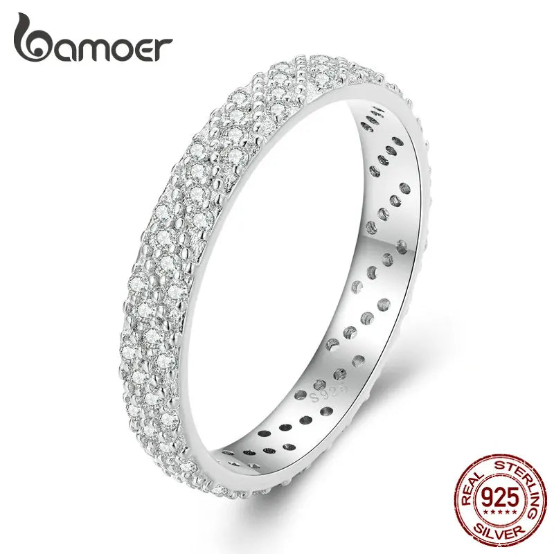 Bamoer 925 Sterling Silver Shiny Zircon Wide Ring Simple Eternity Band for Women Valentine's Day Gift Luxury Fine Jewelry BSR383