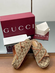 GG PLATFORM SANDALS IN BEIGE AND DARK BROWN GG CANVAS