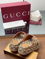 GG PLATFORM SANDALS IN BEIGE AND DARK BROWN GG CANVAS