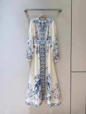 ZIMMERMANN Lucky Plunge Midi Dress Cream/Blue Floral Linen Fabric