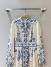 ZIMMERMANN Lucky Plunge Midi Dress Cream/Blue Floral Linen Fabric