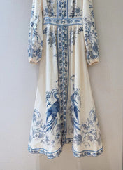 ZIMMERMANN Lucky Plunge Midi Dress Cream/Blue Floral Linen Fabric