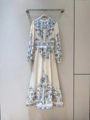ZIMMERMANN Lucky Plunge Midi Dress Cream/Blue Floral Linen Fabric