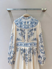 ZIMMERMANN Lucky Plunge Midi Dress Cream/Blue Floral Linen Fabric
