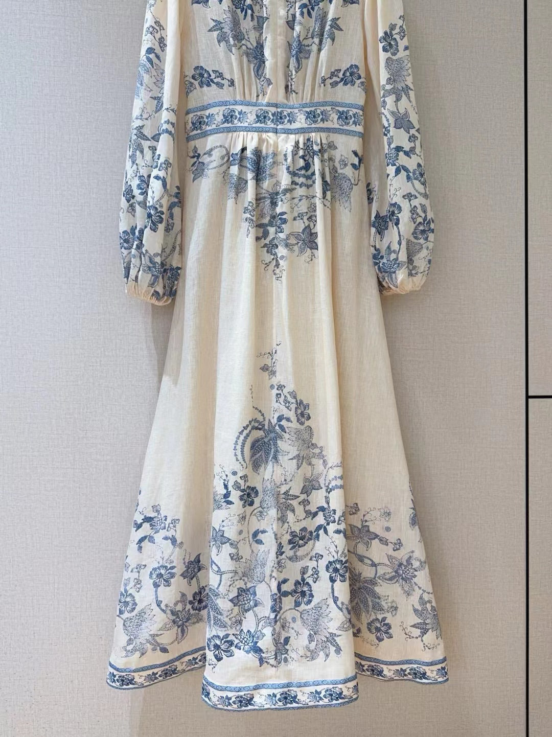 ZIMMERMANN Lucky Plunge Midi Dress Cream/Blue Floral Linen Fabric
