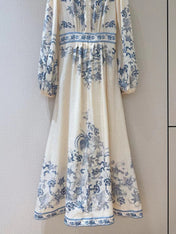 ZIMMERMANN Lucky Plunge Midi Dress Cream/Blue Floral Linen Fabric