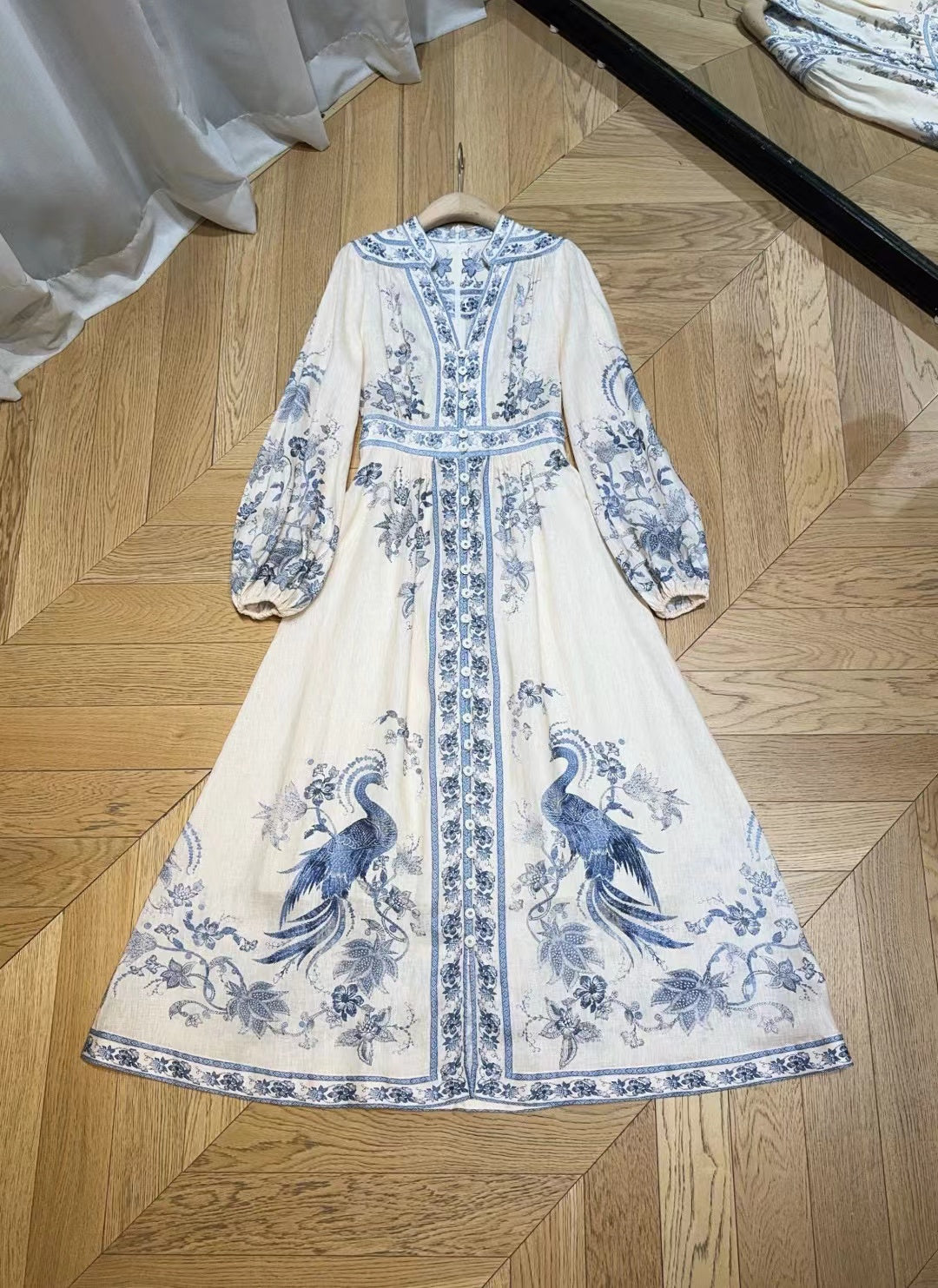 ZIMMERMANN Lucky Plunge Midi Dress Cream/Blue Floral Linen Fabric