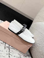 MM BALLET FLATS IN WHITE MESH AND BLACK LEATHER