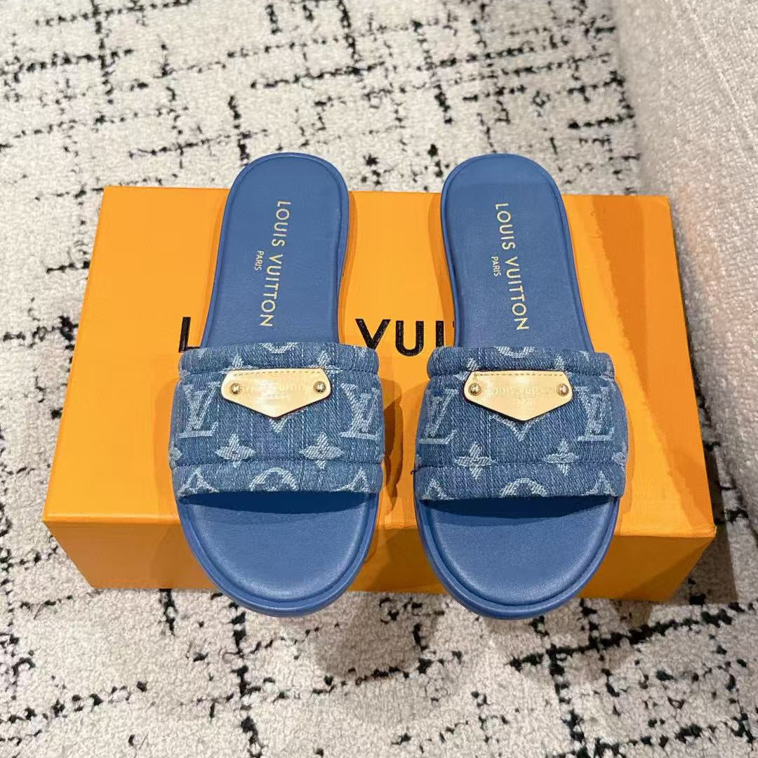 LV FLAT MULES BLUE IN BLUE DENIM GOLD-TONE PLAQUE