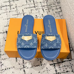 LV FLAT MULES BLUE IN BLUE DENIM GOLD-TONE PLAQUE
