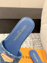 LV FLAT MULES BLUE IN BLUE DENIM GOLD-TONE PLAQUE