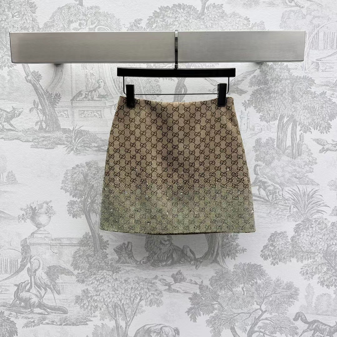 GG Brown Mix Light Green Canvas Mini Skirt With Embroidery