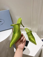 PRA 75 POINTED SATIN MULES IN GREEN FLEECE HEEL