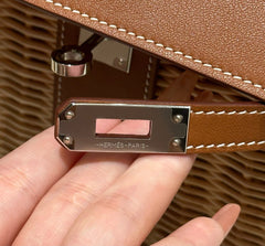 HM KELLY PICNIC HANDBAG IN BROWN & NATURAL LEATHER AND WICKER SILVER HARDWARE