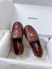 CC QUILTED FLAP LOAFERS IN BURGUNDY RED CALFSKIN GOLD HARDWARE