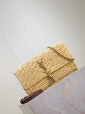 YSL KATE BAG CROSSBODY 26 IN BEIGE WOVEN RAFFIA GOLD HARDWARE