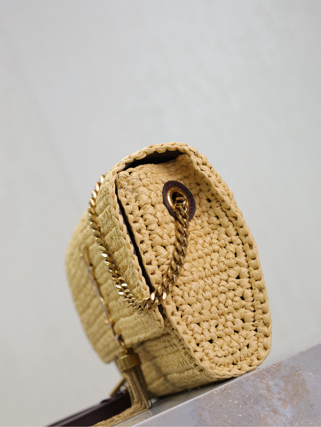 YSL KATE BAG CROSSBODY 26 IN BEIGE WOVEN RAFFIA GOLD HARDWARE