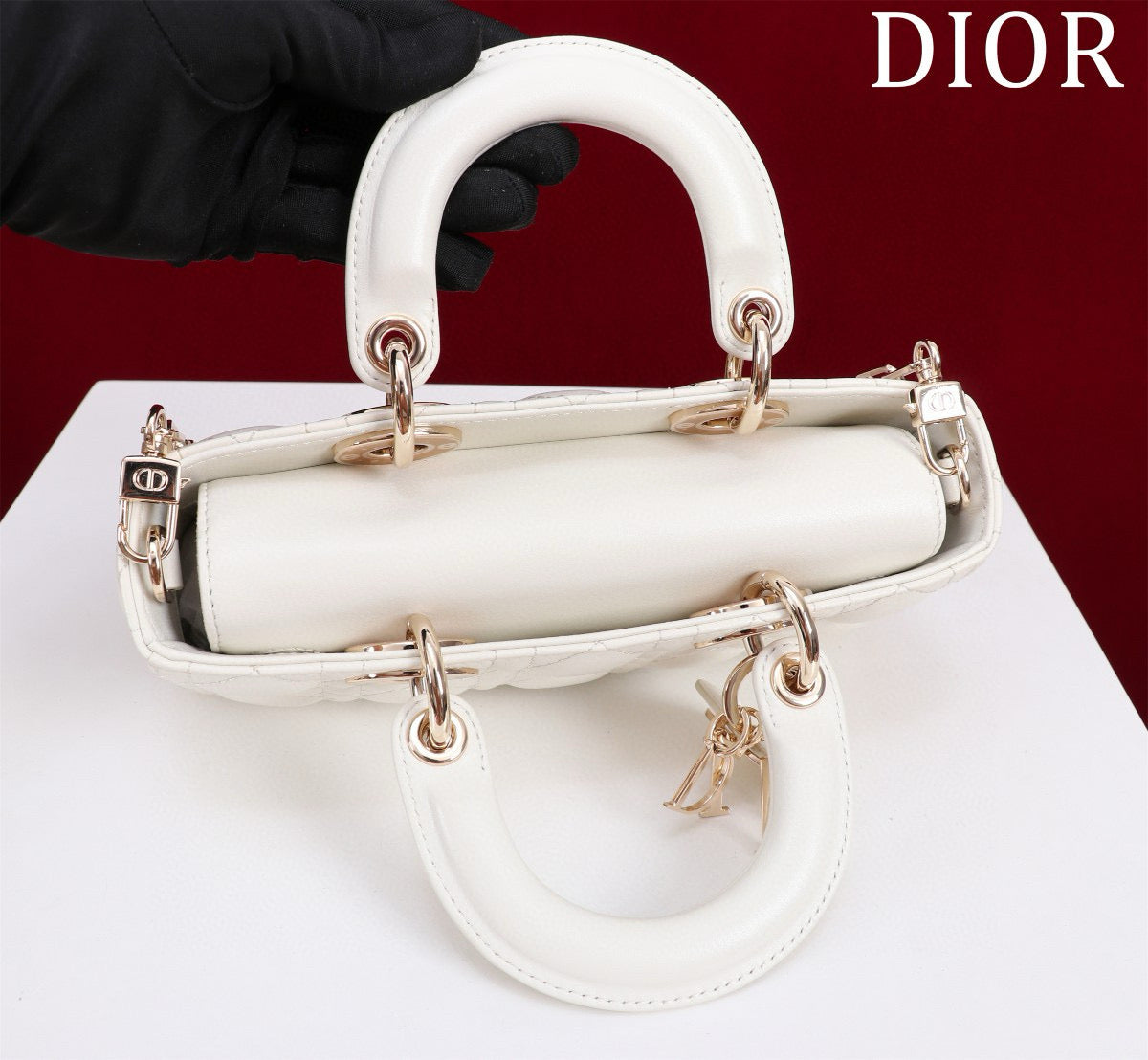 SMALL LADY D-JOY 22 WHITE LAMBSKIN GOLD HARDWARE