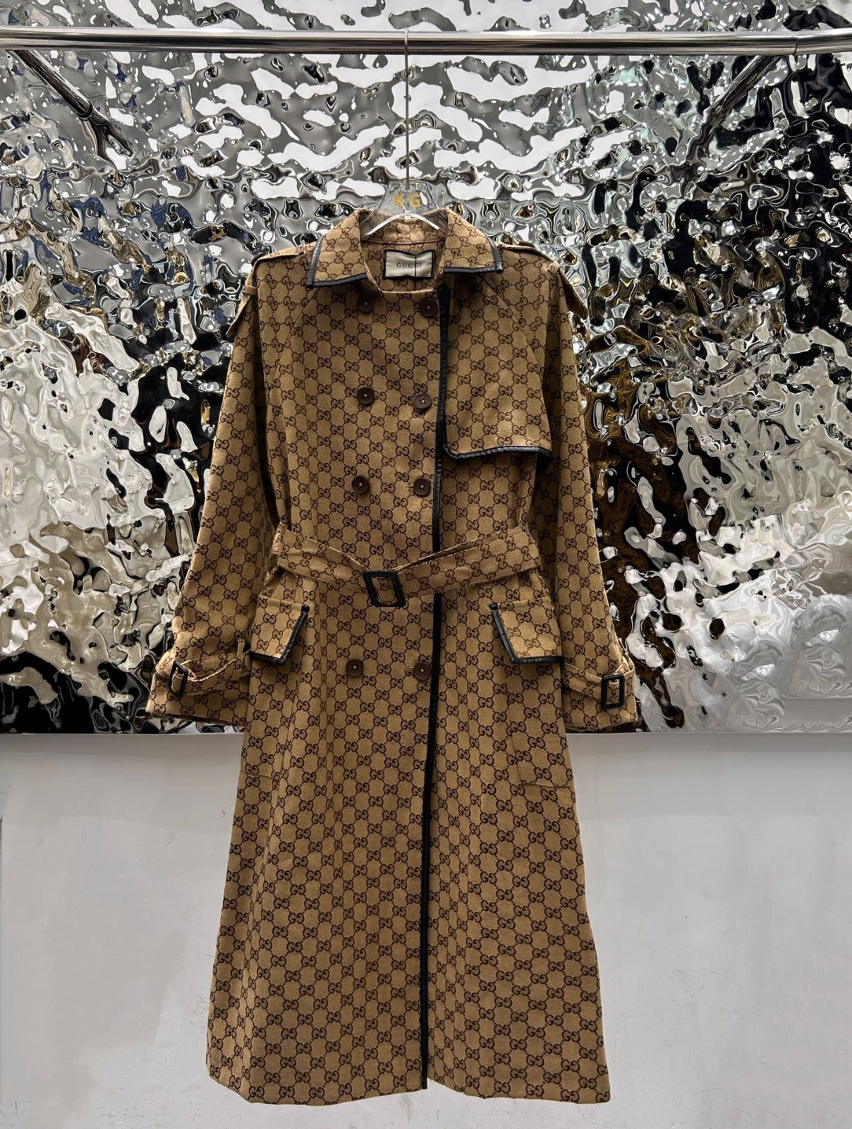 GG-JACQUARD COTTON-BLEND CANVAS TRENCH COAT WITH LEATHER TRIM