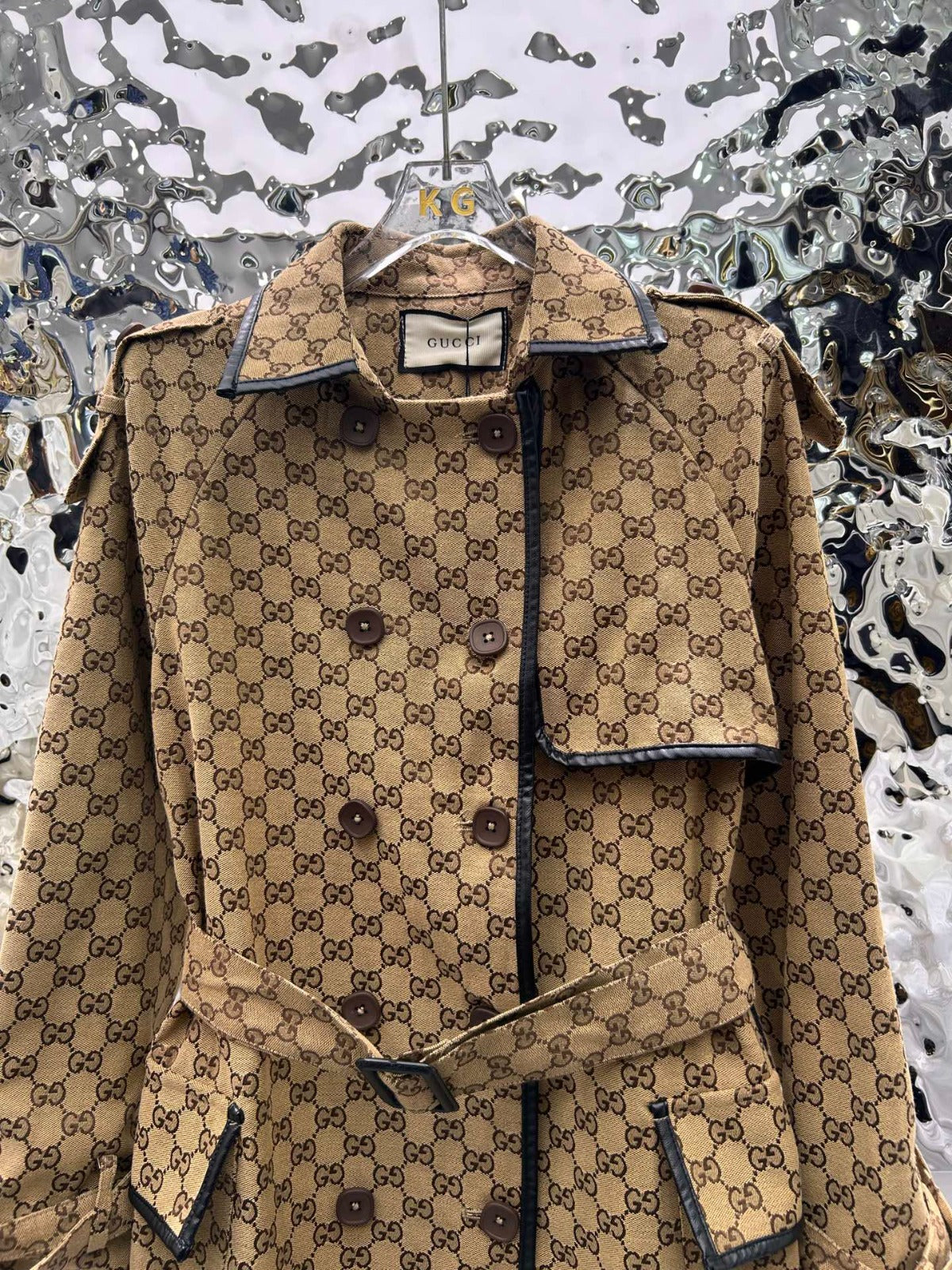 GG-JACQUARD COTTON-BLEND CANVAS TRENCH COAT WITH LEATHER TRIM