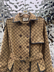 GG-JACQUARD COTTON-BLEND CANVAS TRENCH COAT WITH LEATHER TRIM
