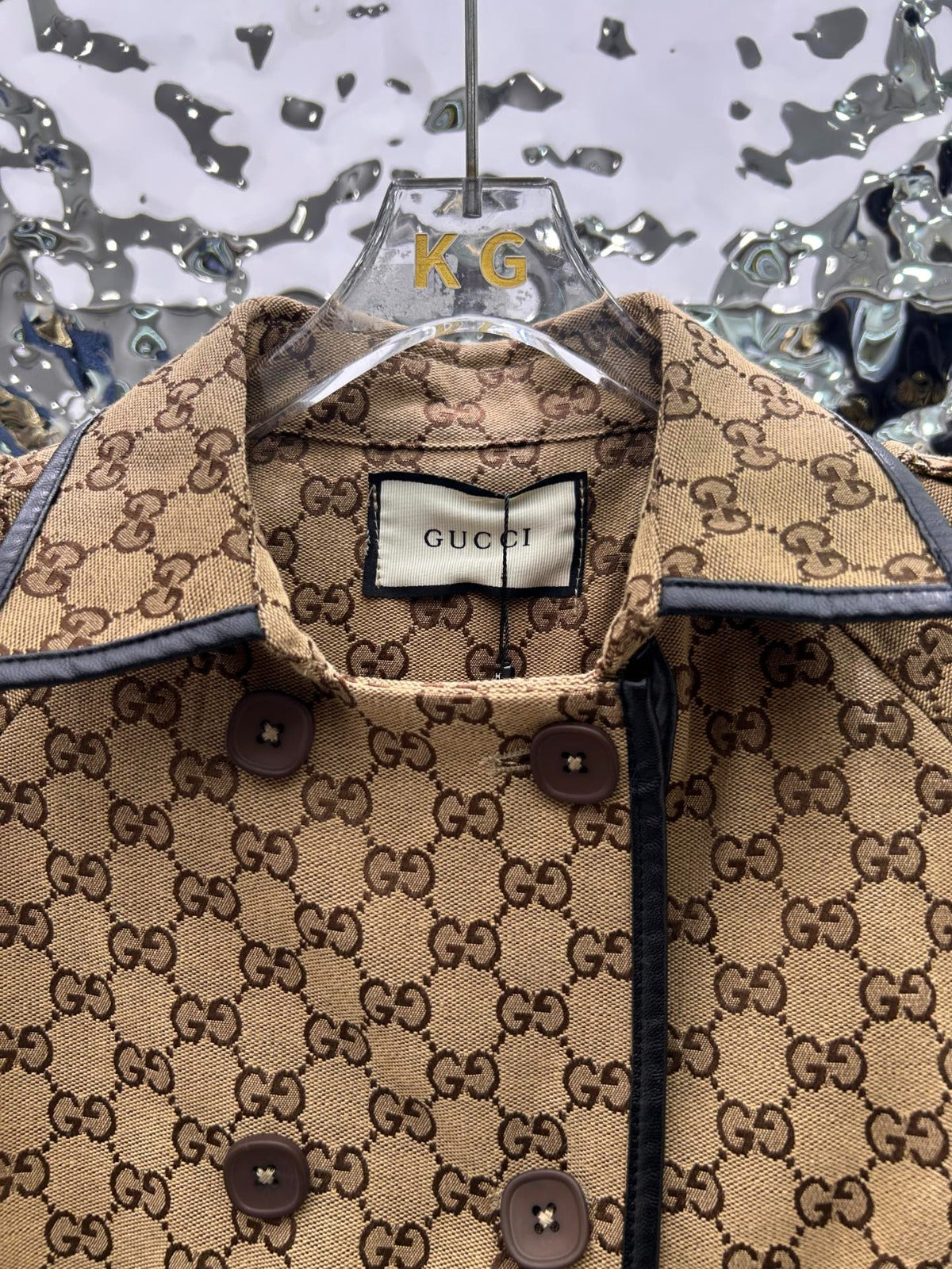 GG-JACQUARD COTTON-BLEND CANVAS TRENCH COAT WITH LEATHER TRIM