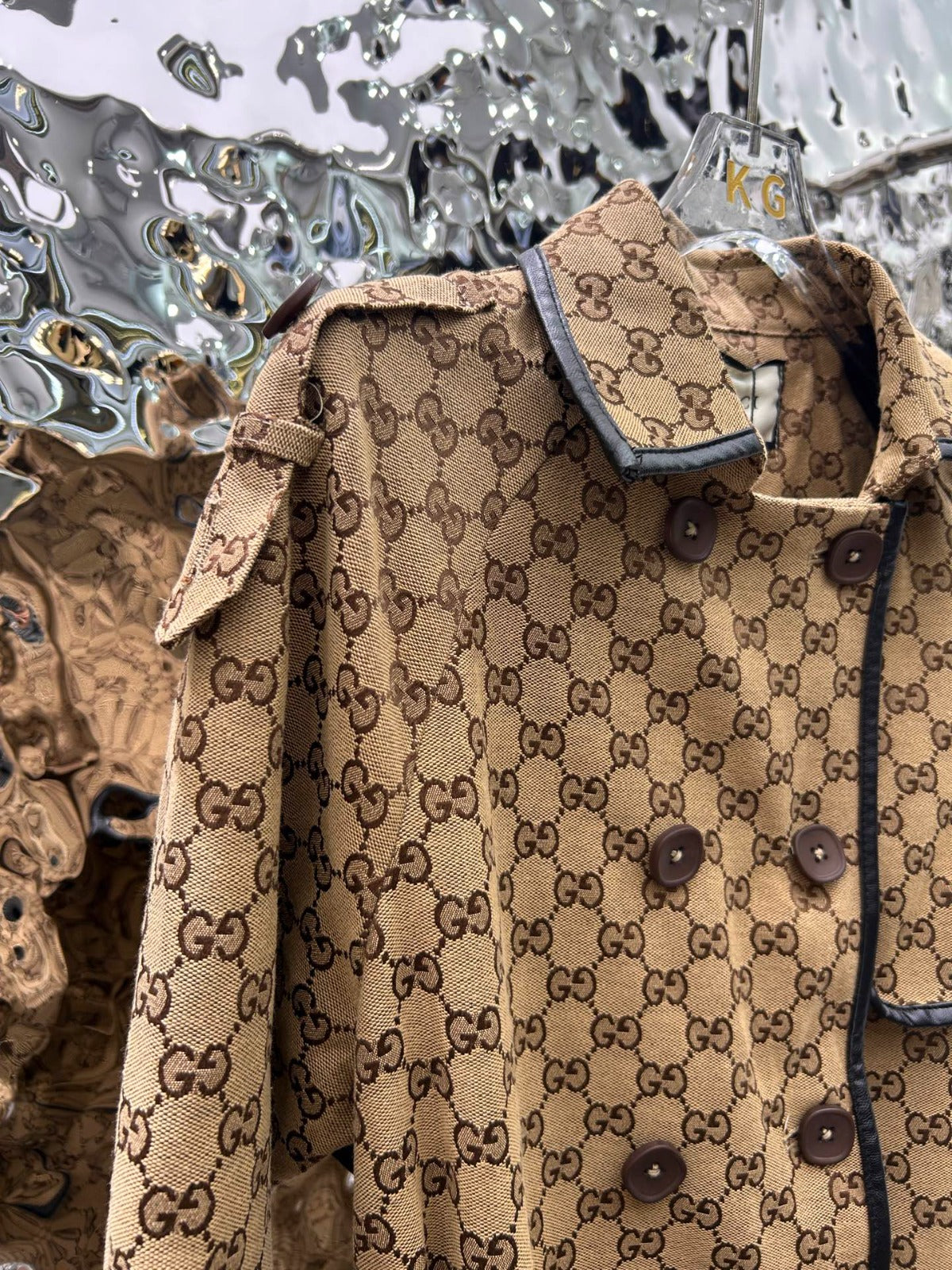 GG-JACQUARD COTTON-BLEND CANVAS TRENCH COAT WITH LEATHER TRIM