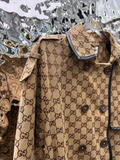 GG-JACQUARD COTTON-BLEND CANVAS TRENCH COAT WITH LEATHER TRIM