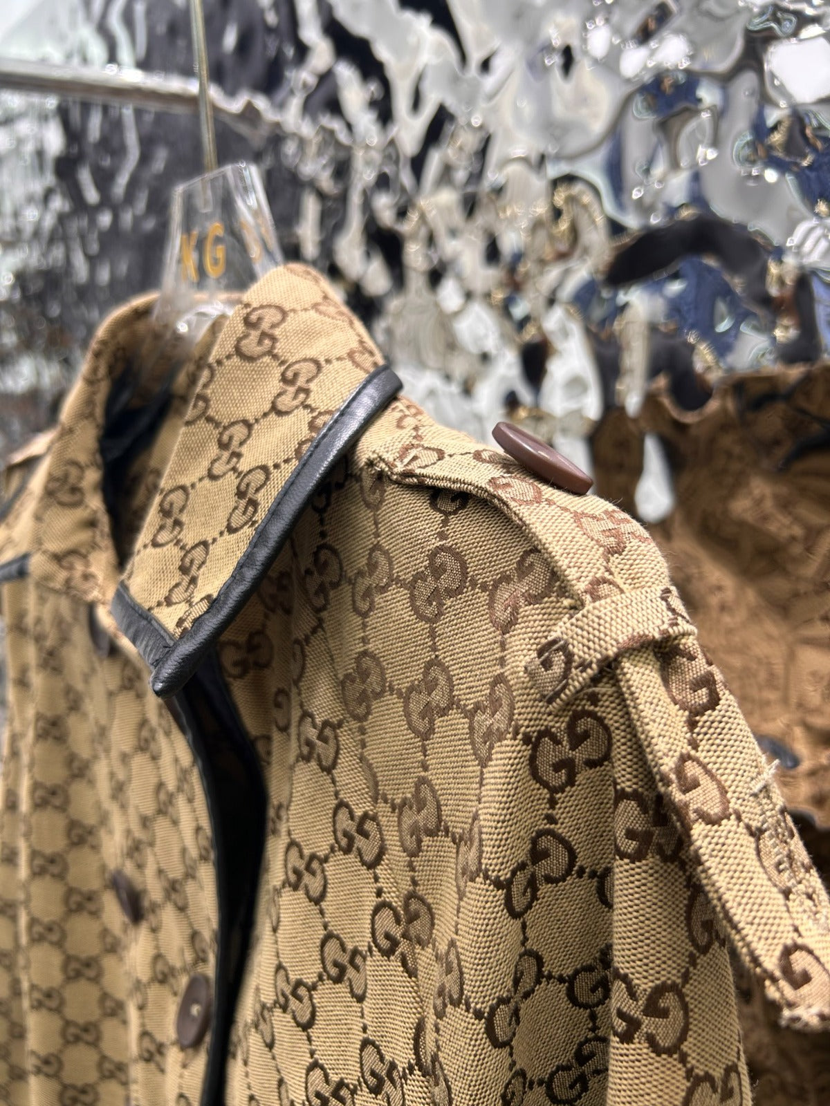 GG-JACQUARD COTTON-BLEND CANVAS TRENCH COAT WITH LEATHER TRIM