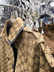 GG-JACQUARD COTTON-BLEND CANVAS TRENCH COAT WITH LEATHER TRIM