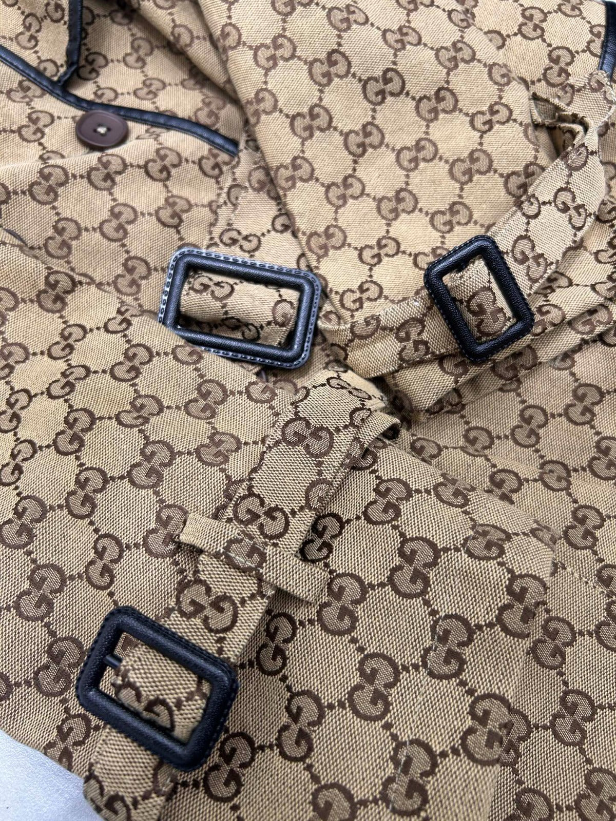 GG-JACQUARD COTTON-BLEND CANVAS TRENCH COAT WITH LEATHER TRIM