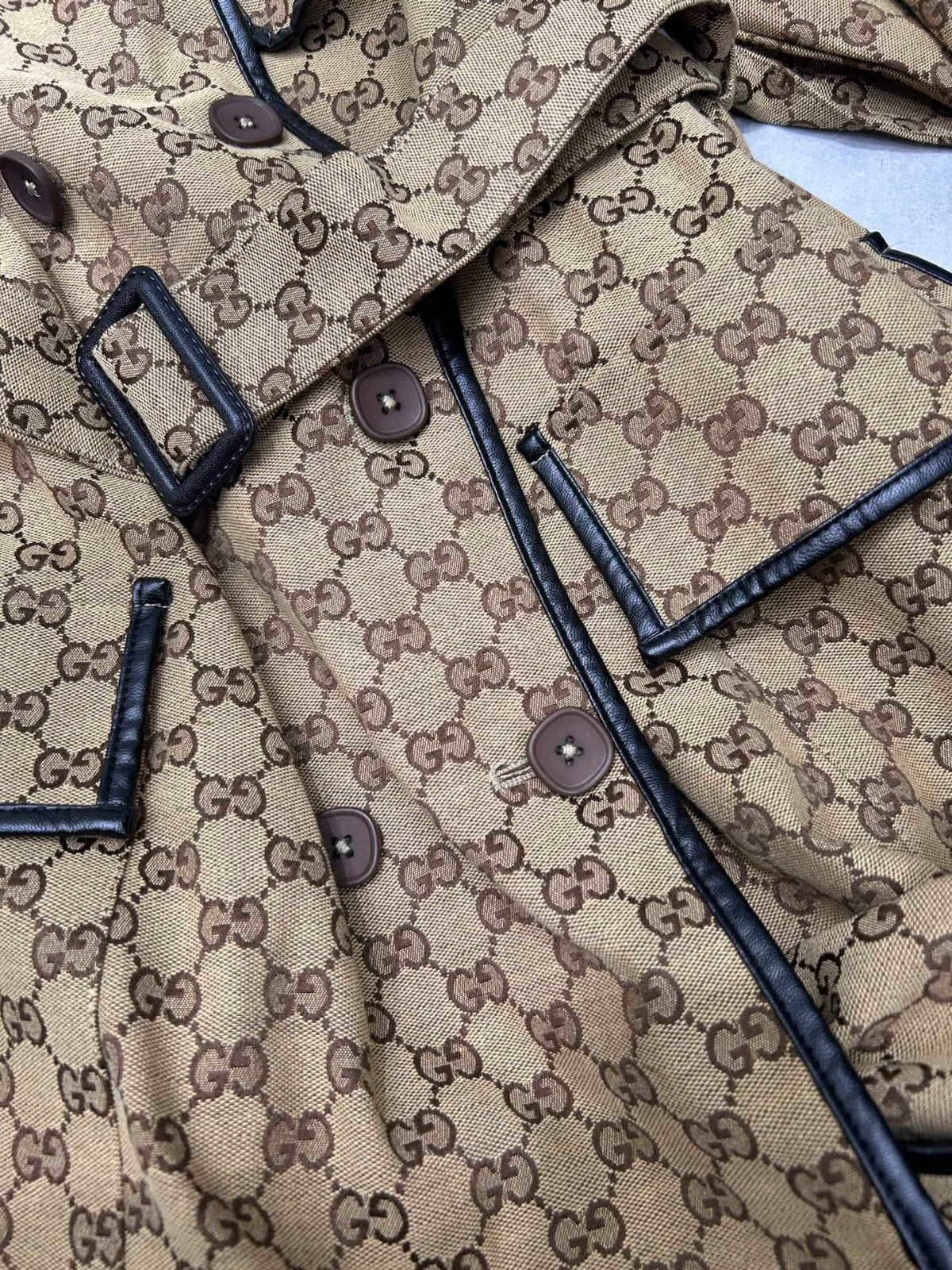 GG-JACQUARD COTTON-BLEND CANVAS TRENCH COAT WITH LEATHER TRIM