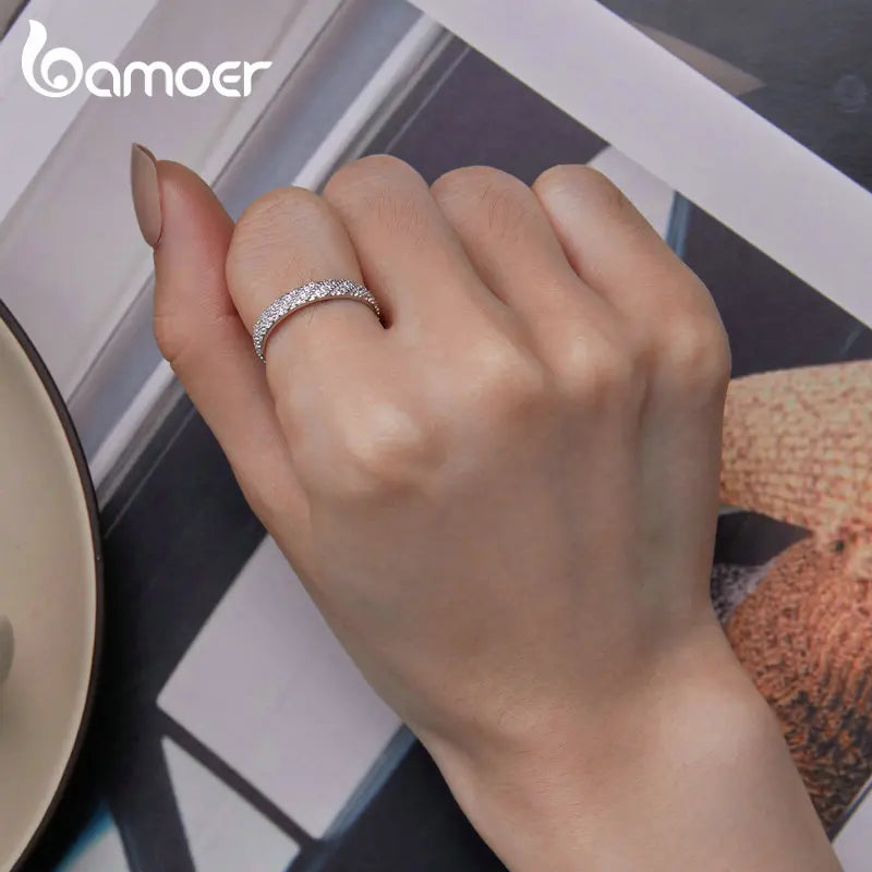 Bamoer 925 Sterling Silver Shiny Zircon Wide Ring Simple Eternity Band for Women Valentine's Day Gift Luxury Fine Jewelry BSR383