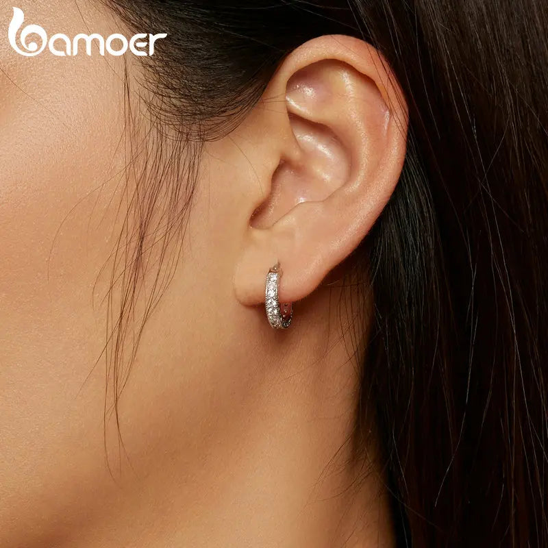 Bamoer 925 Sterling Silver Luxury Zircon Ear Buckles Simple Round Hoop Earrings for Women Party Fine Jewelry Gift BSE868