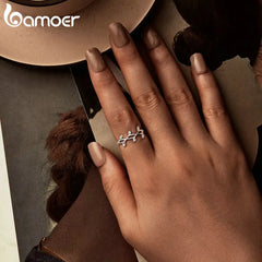 Bamoer 925 Sterling Silver Leaf Zircon Stackable Ring for Women Girl White Gold Zircon Plant Band Ring Fashion Jewelry