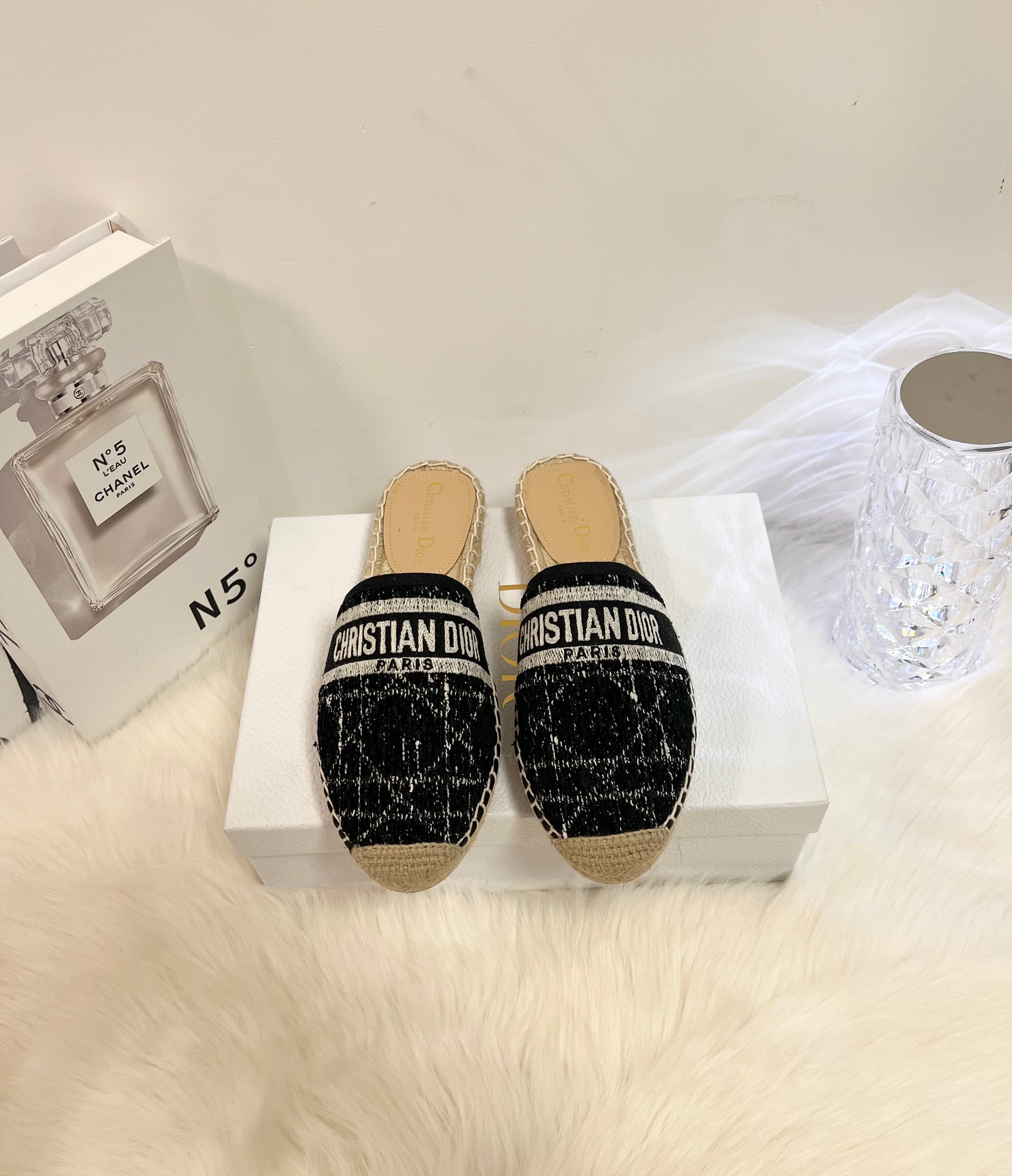 GRANVILLE ESPADRILLE BLACK OBLIQUE EMBROIDERED COTTON MULE