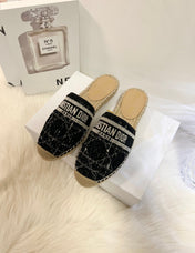 GRANVILLE ESPADRILLE BLACK OBLIQUE EMBROIDERED COTTON MULE