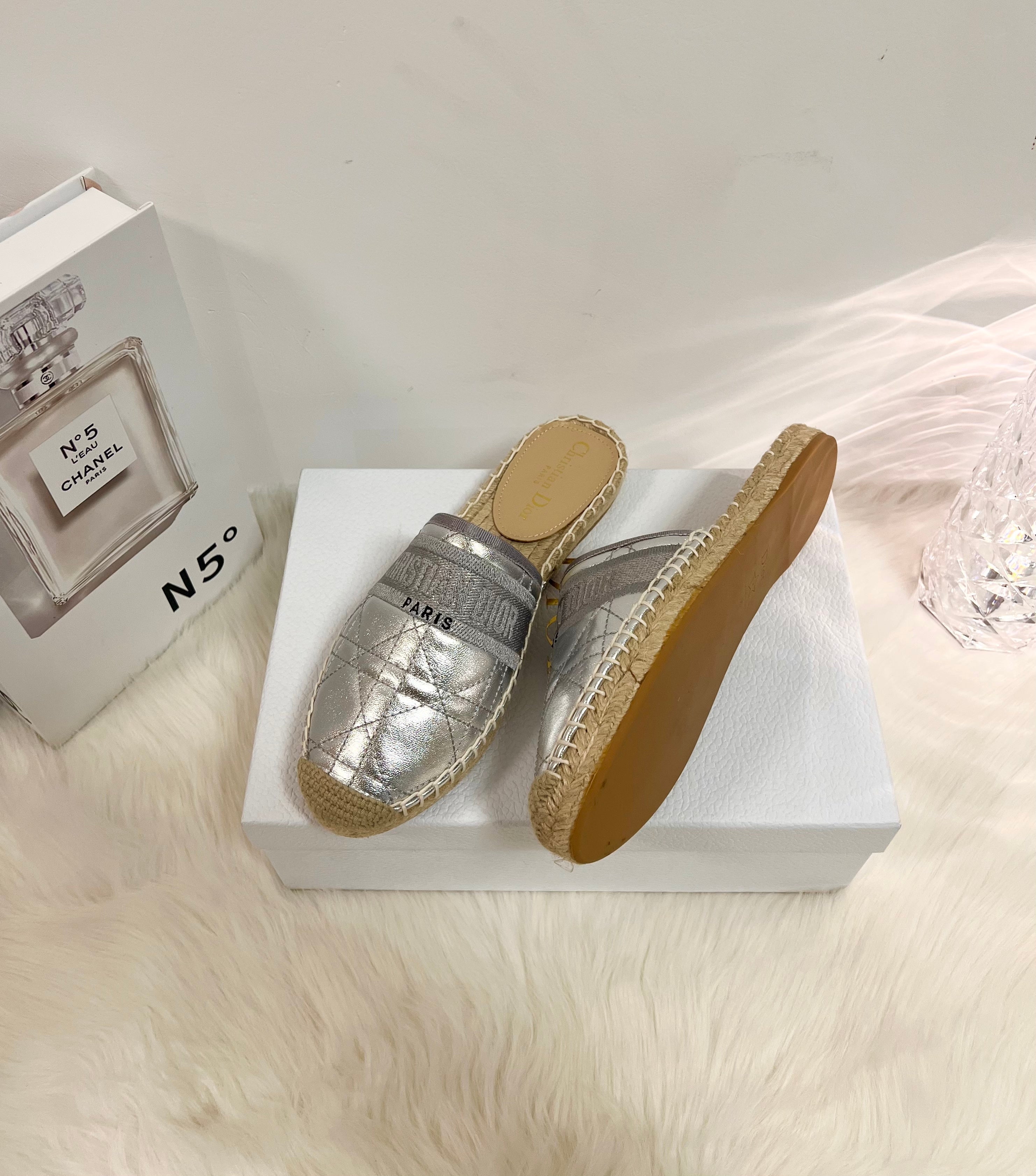 GRANVILLE ESPADRILLE MULE SILVER QUILTED CANNAGE CALFSKIN