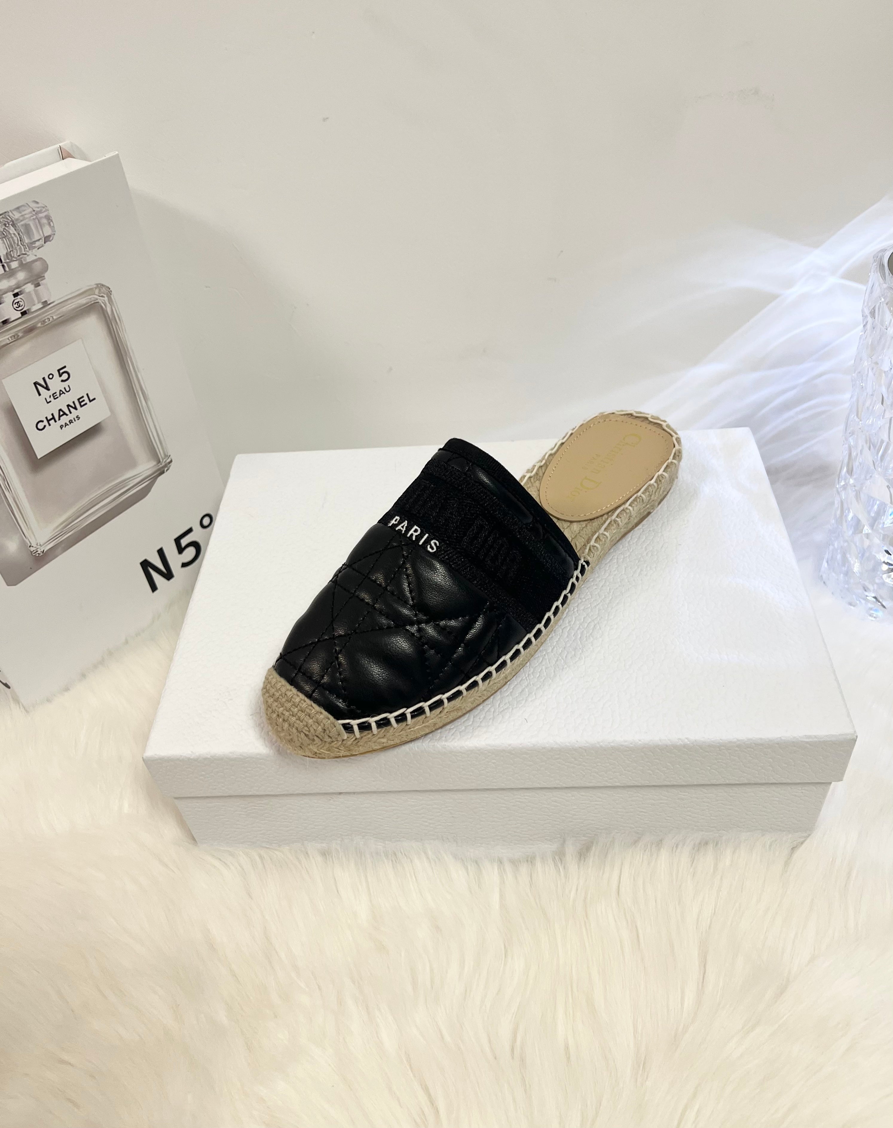 GRANVILLE ESPADRILLE MULE BLACK QUILTED CANNAGE CALFSKIN