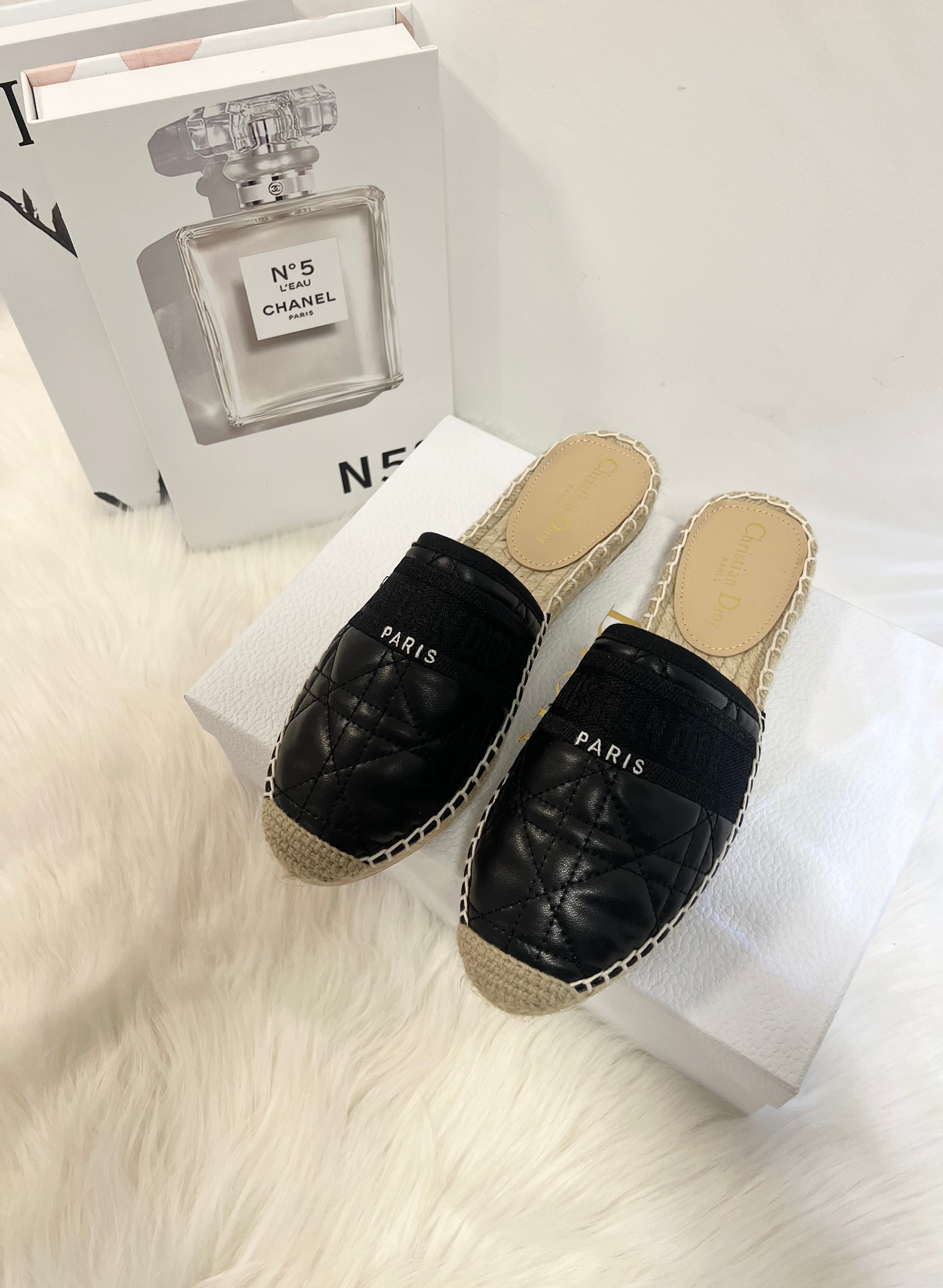 GRANVILLE ESPADRILLE MULE BLACK QUILTED CANNAGE CALFSKIN