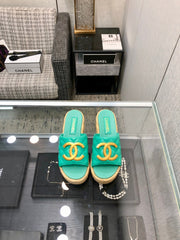 THICK SOLE WEDGE SLIPPERS IN PERSIAN GREEN LAMBSKIN AND BEIGE RUBBER