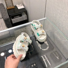 DAD SANDAL IN WHITE MIX PERSIAN GREEN TWEED FABRIC