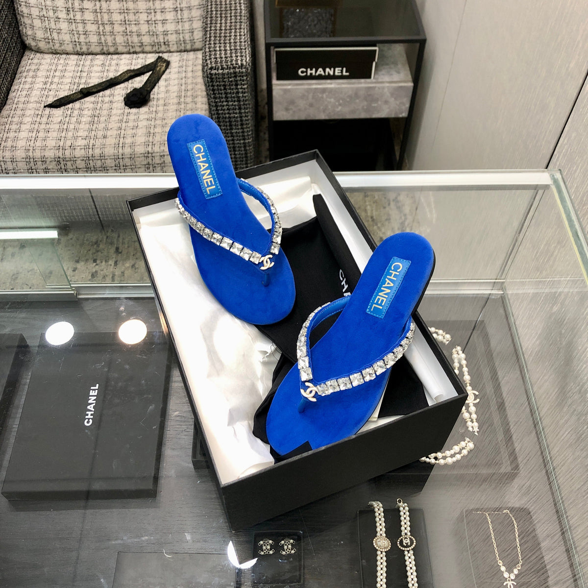 THONG SLIDE IN COBALT BLUE SUEDE WITH WHITE CRYSTALS